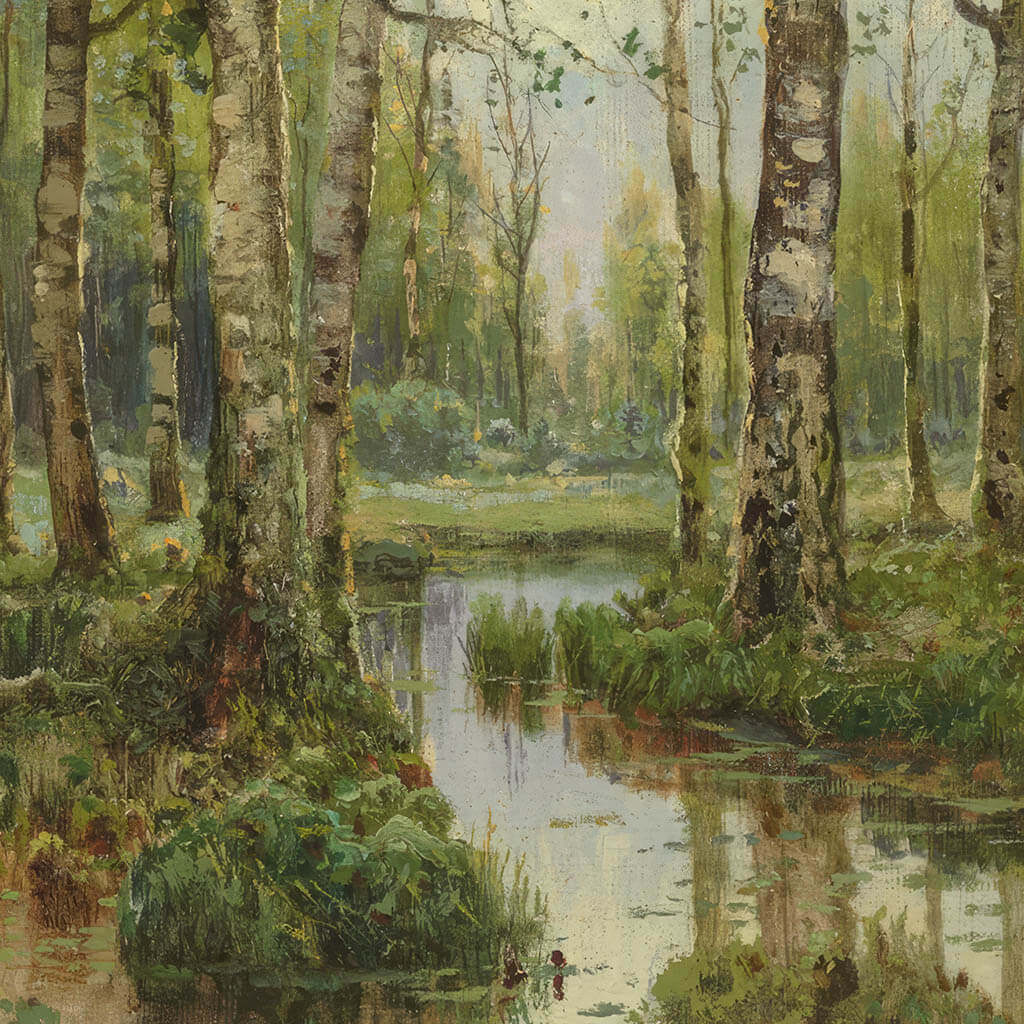 A Stream Running Through a Birch Wood
