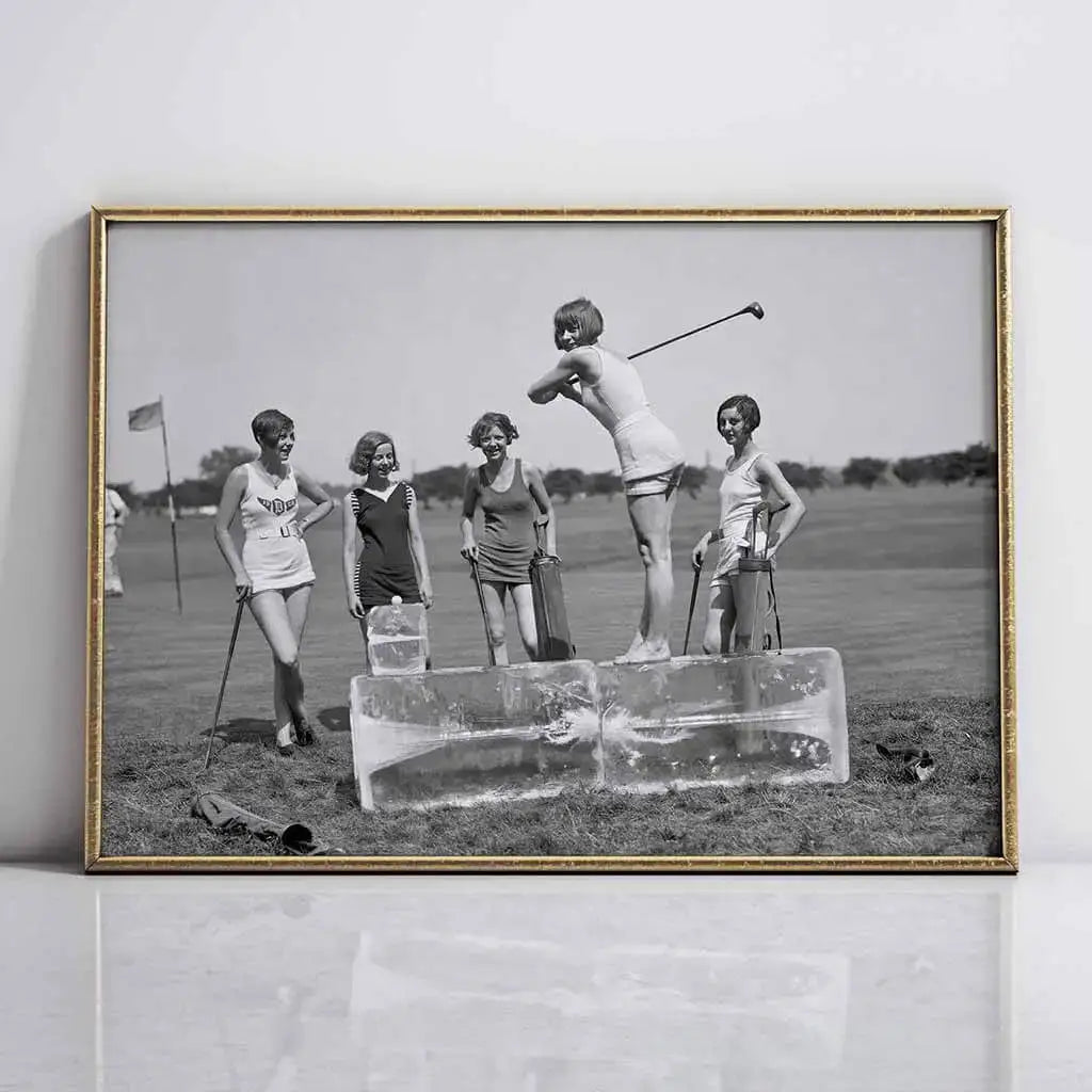 Girl playing golf on ice vintage photo