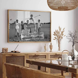 Girl playing golf on ice vintage photo