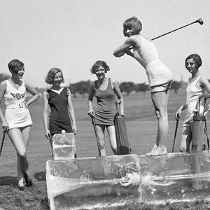 Girl playing golf on ice vintage photo