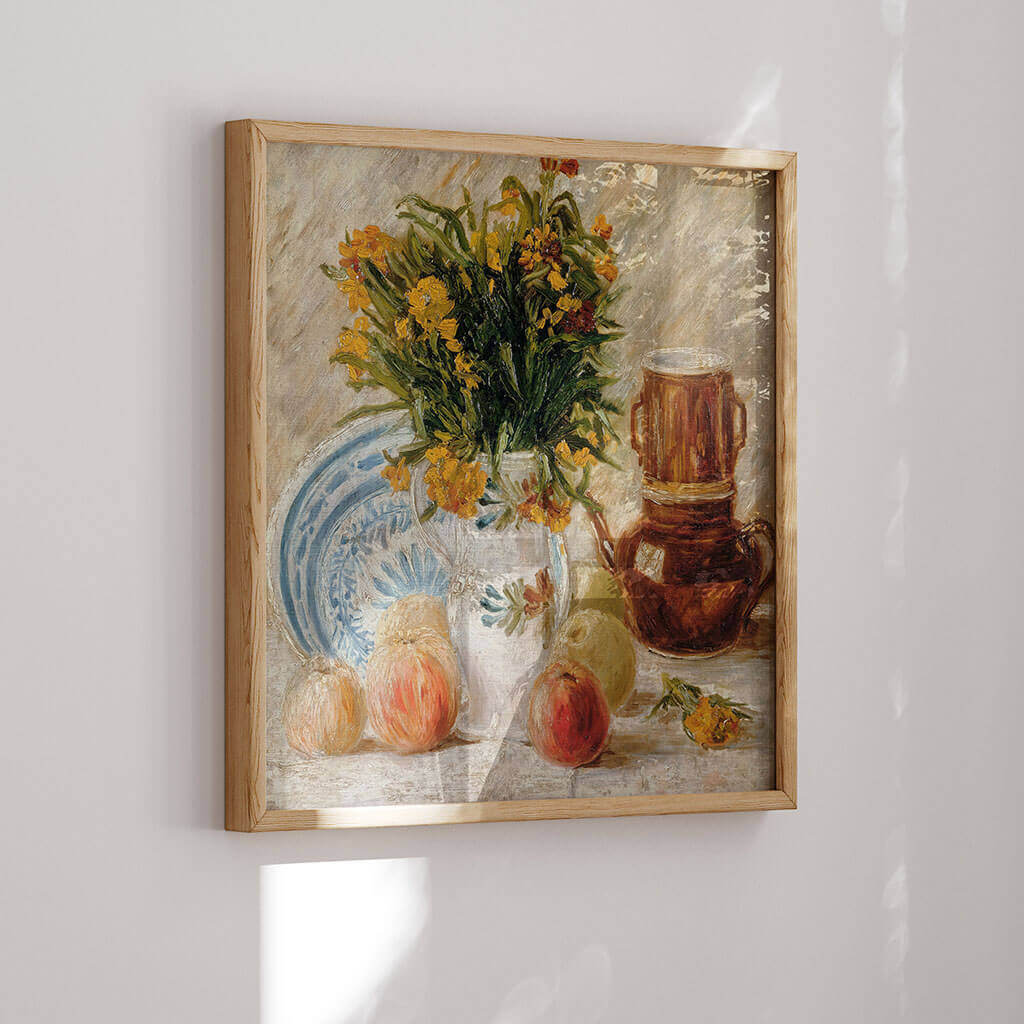Vase with Flowers, Coffeepot and Fruit