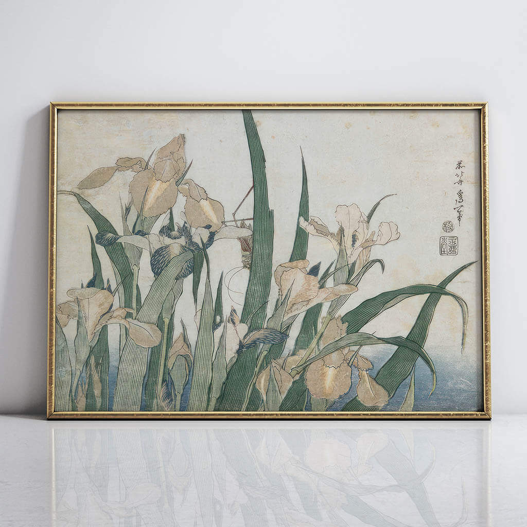 Iris Flowers and Grasshopper