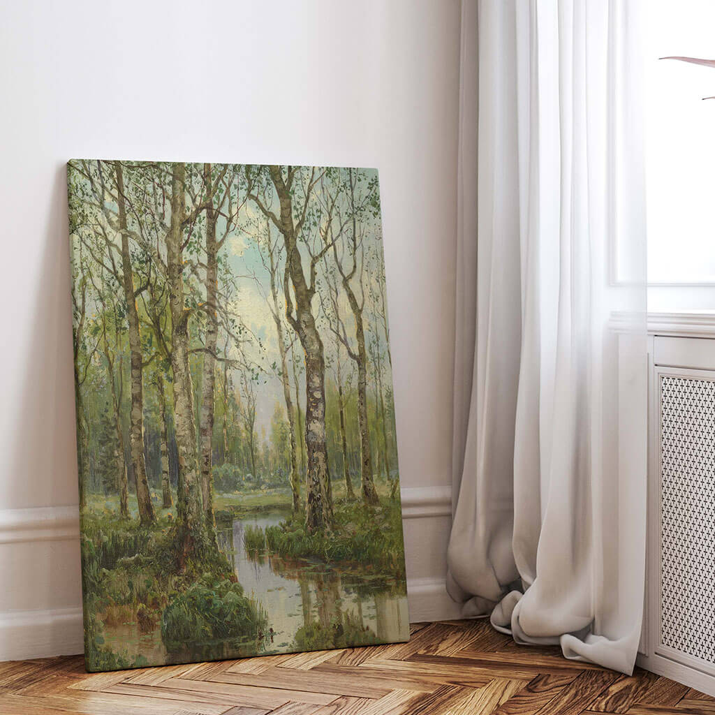 A Stream Running Through a Birch Wood Digital Art Prints
