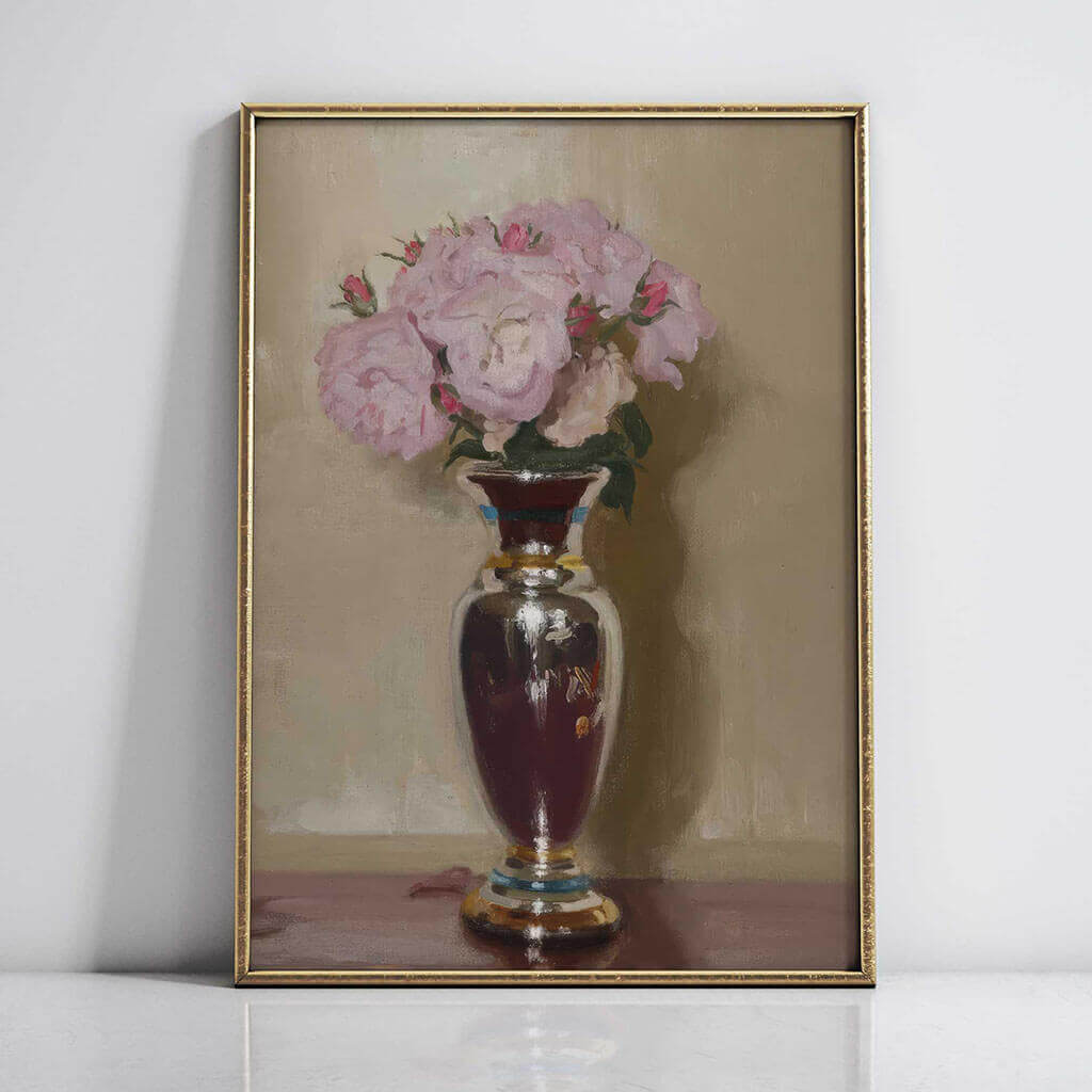 Pink Roses in a Silver Lustre Vase